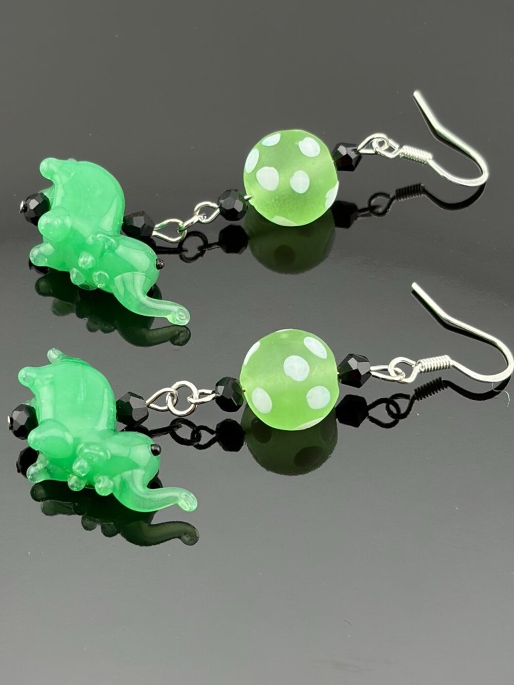 Green Elephant Lampwork Polka Dot Glass Bead Whimsical Handmade Earrings LR222